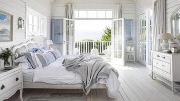 ai gerado branco costeiro chalé quarto decoração, interior Projeto e casa decoração, cama com elegante roupa de cama e sob medida mobília, Inglês país casa e feriado aluguel foto