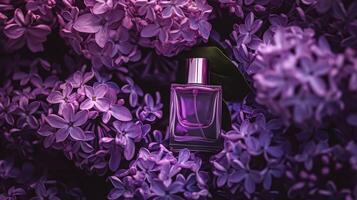 ai gerado perfume garrafa dentro flores, fragrância em florescendo fundo, floral odor e Cosmético produtos foto