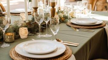 ai gerado sábio verde feriado paisagem de mesa, formal jantar mesa contexto, mesa escapar com decoração para Casamento festa e evento celebração, generativo ai foto