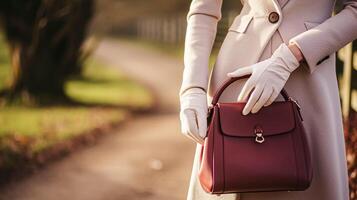 ai gerado moda, acessório e estilo, outono inverno roupa feminina roupas coleção, mulher vestindo elegante roupas, luvas e Bolsa, Inglês campo Veja foto