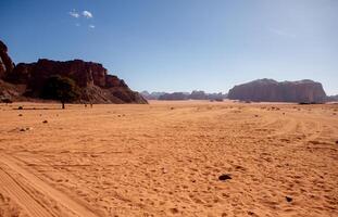 wadi rum deserto dentro Jordânia. em a pôr do sol. panorama do lindo areia padronizar em a duna. deserto panorama dentro Jordânia. foto