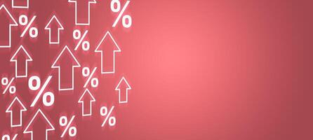 Setas; flechas e percentagens sinais indo acima para ilustrar global inflação sobre vermelho fundo bandeira. financeiro crise o negócio mercado. moeda risco. foto