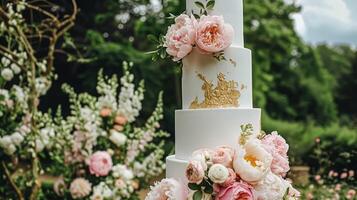 ai gerado Casamento decoração com peônias, floral decoração e evento celebração, peônia flores e Casamento cerimônia dentro a jardim, Inglês país estilo foto