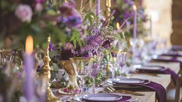 ai gerado Casamento decoração com lavanda tema, floral decoração Projeto e lindo decoração configuração arranjo foto