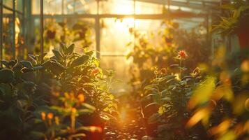 ai gerado estufa plantas aquecer dentro a Beijado pelo sol, ensolarado brilho, próspero debaixo a Cuidado cuidando e ótimo condições. ,jardinagem conceito foto