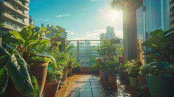 ai gerado urbano jardim em uma telhado, verde vivo ícone, com cidade Horizonte fornecendo pano de fundo espaço para texto. ,esg conceito foto