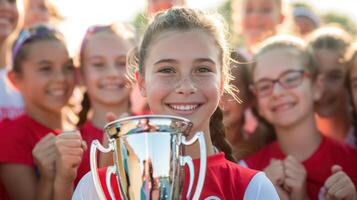 ai gerado a americano meio escola menina atleta a comemorar com dela companheiros de equipe Como ela Beijos uma troféu depois de uma bem sucedido Esportes concorrência. foto