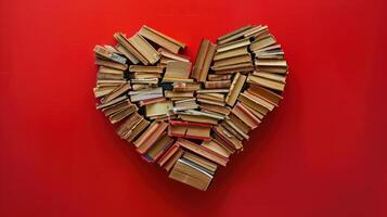 ai gerado amor história livros arranjado dentro a forma do uma coração, conjunto contra uma negrito vermelho pano de fundo. foto