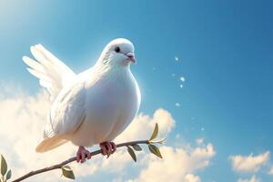 ai gerado Paz símbolo Pombo em ramo contra azul céu para internacional Paz dia foto