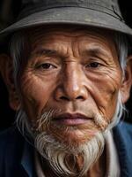 ai gerado perder retrato do idosos sensato vietnamita homem, rural área pessoas, diversidade foto