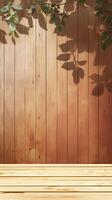 ai gerado esvaziar madeira mesa em árvore de chuva de madeira parede fundo vertical Móvel papel de parede foto