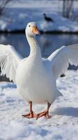 ai gerado dia charme branco Ganso graciosamente em neve coberto terra vertical Móvel papel de parede foto