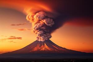 ai gerado dramático vulcânico erupção às pôr do sol, uma poderoso e fogosa espetáculo foto