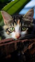 ai gerado gatinho com cativante verde olhos goza uma brincalhão, relaxante período de férias vertical Móvel papel de parede foto