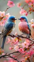 ai gerado cereja Flor serenidade colorida pássaros empoleirado em uma cereja árvore vertical Móvel papel de parede foto