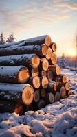 ai gerado pilha do pinho Histórico dentro uma inverno floresta às pôr do sol vertical Móvel papel de parede foto