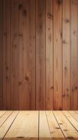 ai gerado esvaziar madeira mesa em árvore de chuva de madeira parede fundo vertical Móvel papel de parede foto