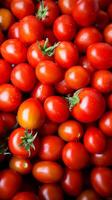 ai gerado imagem fechar acima fundo do vermelho tomates, solanum lycopersicum, para venda vertical Móvel papel de parede foto