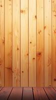 ai gerado árvore de chuva de madeira parede fundo com esvaziar madeira mesa topo vertical Móvel papel de parede foto