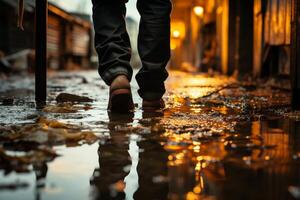 ai gerado urbano conseqüência molhado pés em pé dentro uma poça postar pesado chuva foto