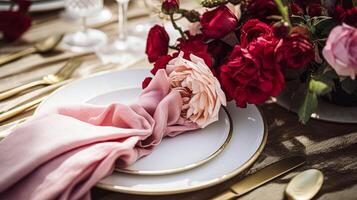 ai gerado Casamento e evento celebração paisagem de mesa com flores, formal jantar mesa configuração com rosas e vinho, elegante floral mesa decoração para jantar festa e feriado decoração, casa estilo foto