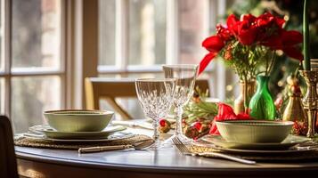 ai gerado Natal feriado família café da manhã, mesa configuração decoração e festivo paisagem de mesa, Inglês país e casa estilo foto