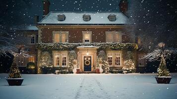 ai gerado Natal dentro a campo mansão, Inglês país casa mansão decorado para feriados em uma Nevado inverno tarde com neve e feriado luzes, alegre Natal e feliz feriados foto