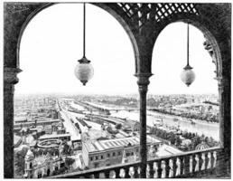 panorama ocupado para oeste, a primeiro plataforma do a eiffel torre durante a 1889 exibição, vintage gravação. foto