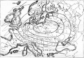 mapa do a distribuição do calor dentro Europa durante a inverno, vintage gravação. foto