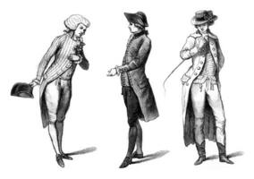 jovem elegante dentro tarde vestir 1787, burguês dentro luto 1786, cavalo traje dentro a Inglês 1786, vintage gravação. foto