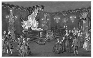 Visão do a quarto com visitantes dentro frente do a cama com a corpo do Principe William 4, vintage ilustração. foto