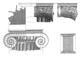 iônico capital e pedestal, hendrick hondius eu, vintage ilustração. foto