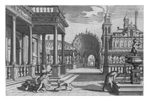 portal do uma construção com corinthian colunas e a sentido do gosto, vintage ilustração. foto