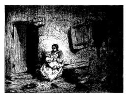 mulher com criança em uma Banco contra uma fachada, Charles emílio jaque atribuído para, 1843 foto
