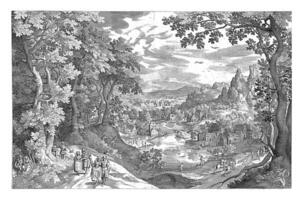 panorama com veado Caçando, Nicolaes de Bruna foto