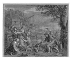 Moisés e a filhas do reuel Jetro às a bem, simon Henri Thomassin, depois de Charles le Bruna, 1709 foto