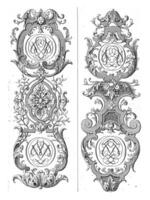 dois vertical enfeites do folha videiras e com monogramas, gerrit vischer, 1690 - 1710 foto