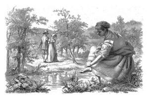 casal caminhando e uma menina lavando dela pés, Jacob Ernst Marcos, 1813 foto