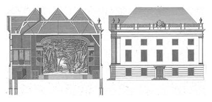 seção e lado fachada do a teatro do Amsterdã, reinier vinkeles eu, depois de Jacob eduard de inteligente, 1774 foto