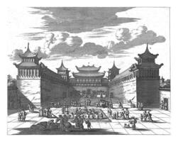 a imperador do China recebe a presentes do a holandês dentro frente do a Palácio, 1667 foto