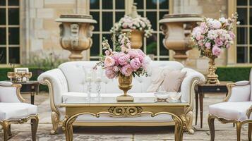 ai gerado Casamento decoração com peônias, floral decoração e evento celebração, peônia flores e Casamento cerimônia dentro a jardim, Inglês país estilo foto