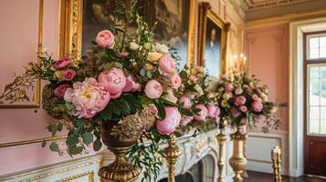 ai gerado Casamento decoração com peônias, floral decoração e evento celebração, peônia flores e Casamento cerimônia dentro a jardim, Inglês país estilo foto