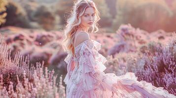 ai gerado mulher dentro babar Projeto vestido dentro lavanda campo às pôr do sol, nupcial beleza estilo campanha, Casamento moda Veja e glamour Penteado foto