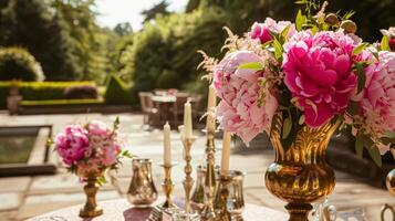 ai gerado Casamento decoração com peônias, floral decoração e evento celebração, peônia flores e Casamento cerimônia dentro a jardim, Inglês país estilo foto