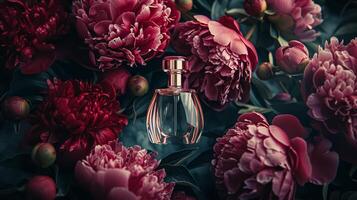 ai gerado perfume garrafa dentro flores, fragrância em florescendo fundo, floral odor e Cosmético produtos foto