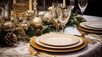 ai gerado Natal mesa decoração, feriado paisagem de mesa e jantar mesa contexto, formal evento decoração para Novo ano, família celebração, Inglês país e casa estilo foto