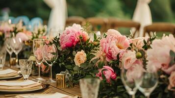 ai gerado Casamento decoração com peônias, floral decoração e evento celebração, peônia flores e Casamento cerimônia dentro a jardim, Inglês país estilo foto