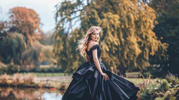 ai gerado elegante Loiras dentro Preto vestido, beleza, moda Veja e Penteado, face retrato do lindo mulher, para cuidados com a pele cosméticos, cabelo Cuidado, glamour estilo foto