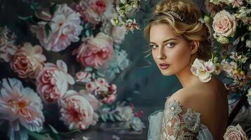 ai gerado sereno mulher no meio floral esplendor, nupcial beleza estilo, Casamento moda Veja e glamour Penteado foto