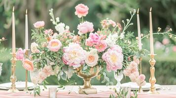 ai gerado Casamento decoração com peônias, floral decoração e evento celebração, peônia flores e Casamento cerimônia dentro a jardim, Inglês país estilo foto